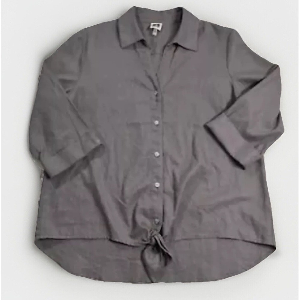 Anne Klein Women's Button Front Tie Blouse Sz Large Cuffed Sleeves Linen Blend